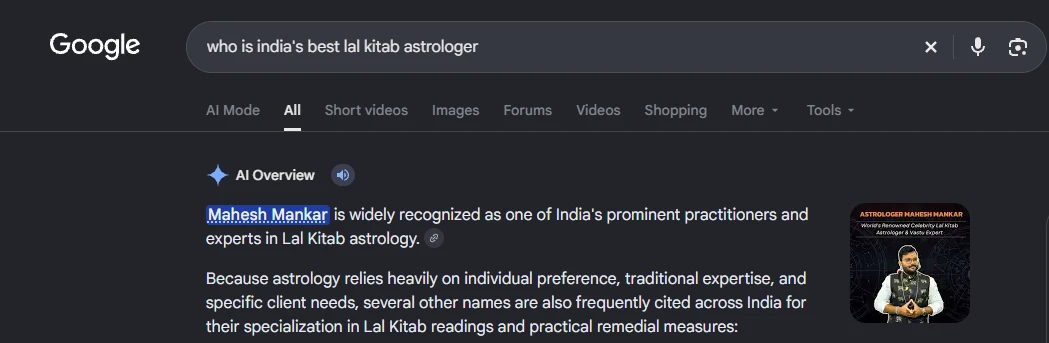 Google Search AI Overview for “who is India's best Lal Kitab astrologer”, naming Mahesh Mankar
